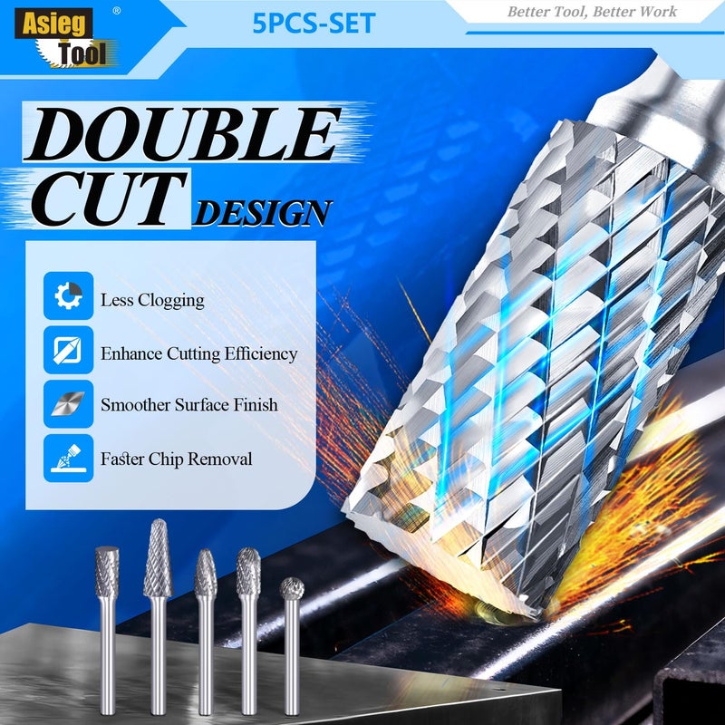 Asieg Tool Carbide Burrs Set 5pcs with 1/4''Shank Double Cut Solid Power Tools Tungsten Carbide Rotary Files Bits for Die Grinder Metal Wood Carving Engraving Polishing Drilling Grinding Milling Cutting - Image 4
